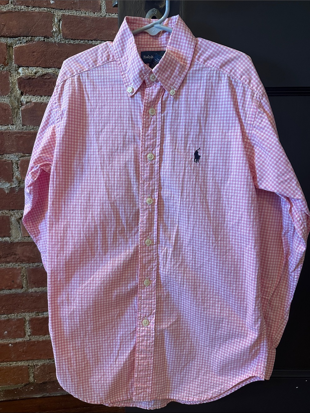 Ralph Lauren Pink Gingham Button-Down Shirt with Navy Pony